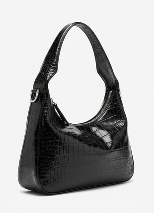 Black Croc-Embossed Leather Hobo Handbag