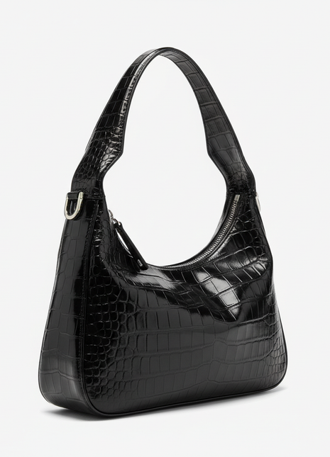Black Croc-Embossed Leather Hobo Handbag