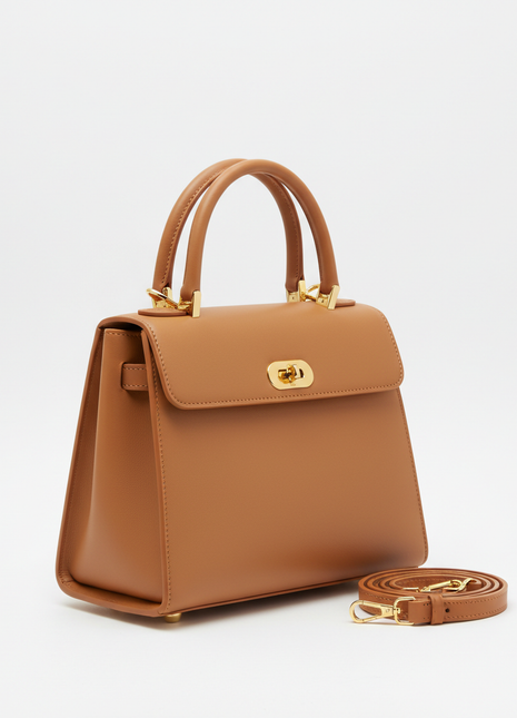 Camel Leather Structured Top-Handle Handbag