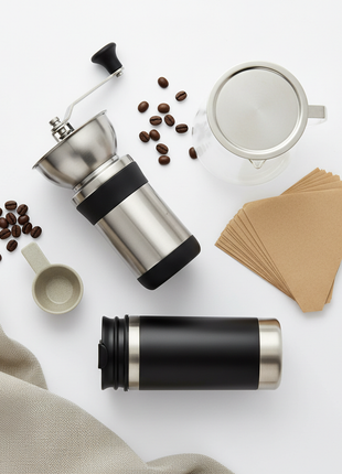 Coffee Accessories Set - Grinder, Filters & Travel Mug