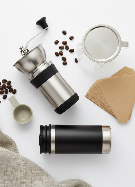Coffee Accessories Set - Grinder, Filters & Travel Mug