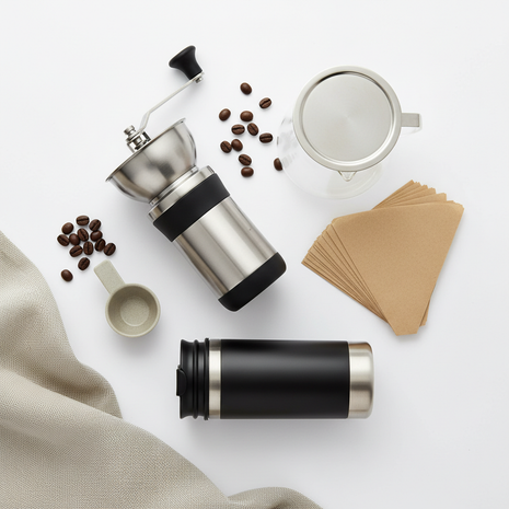 Coffee Accessories Set - Grinder, Filters & Travel Mug