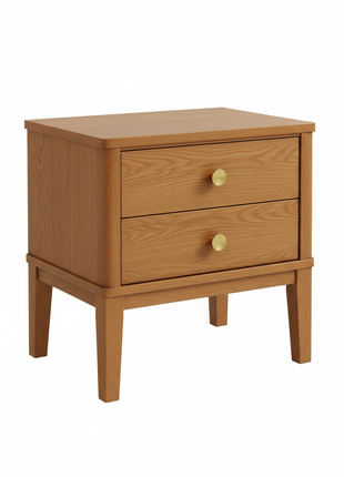 Oak Nightstand with Brass Hardware - 2 Drawer
