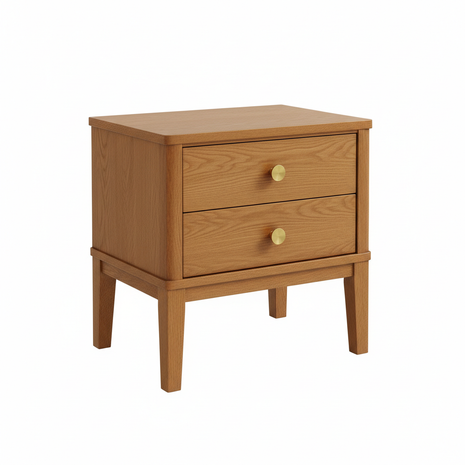 Oak Nightstand with Brass Hardware - 2 Drawer