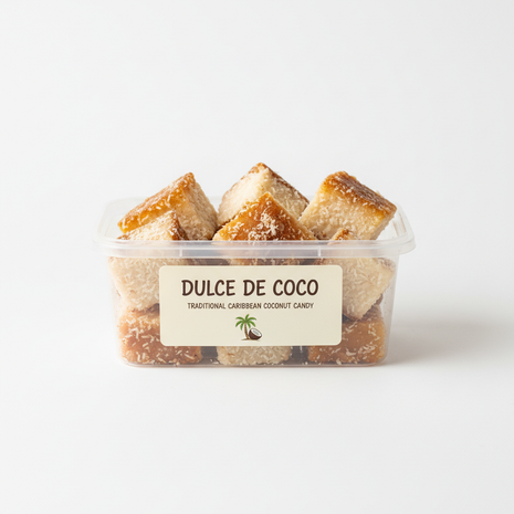 Traditional Caribbean coconut candy dulce de coco in clear packaging