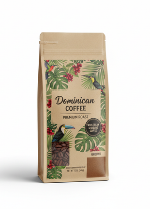 Dominican premium roast coffee bag with tropical design label
