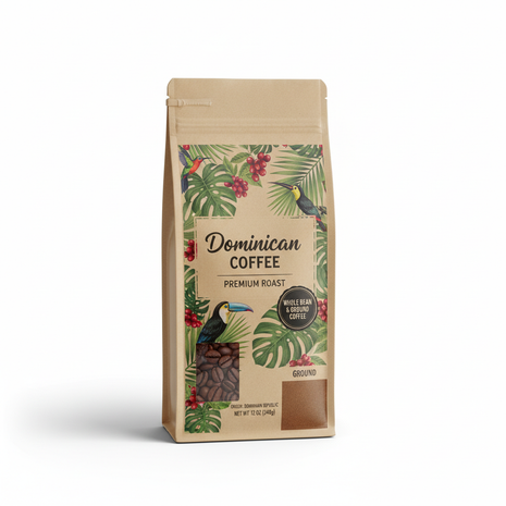 Dominican premium roast coffee bag with tropical design label