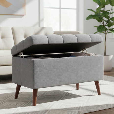 Tufted storage ottoman with gray linen upholstery and walnut legs