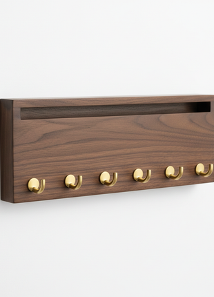 Walnut Wall-Mounted Key Holder with Brass Hooks and Mail Slot