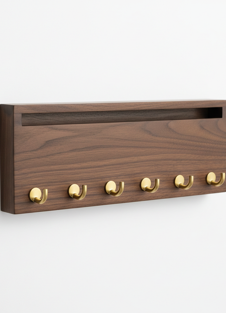 Walnut Wall-Mounted Key Holder with Brass Hooks and Mail Slot