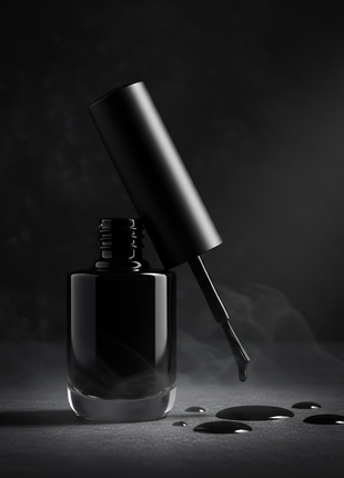 Sleek midnight black nail polish bottle with glossy finish on dark background