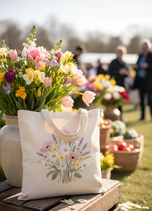 Floral Embroidered Tote Bag with wildflower bouquet on natural canvas