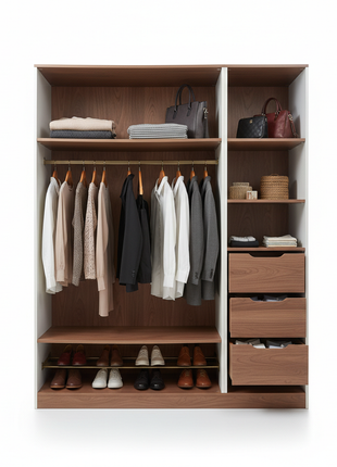 Modular closet organizer system in walnut finish with shelves and drawers