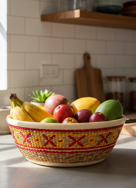 Colombian Hand-Woven Wicker Basket – Natural Fiber with Geometric Trim