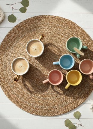 Cozy Home Bundle with jute rug gold mugs and pastel cups