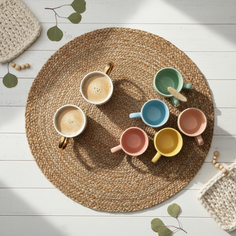 Cozy Home Bundle with jute rug gold mugs and pastel cups
