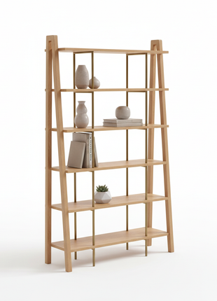 5-Tier Oak Ladder Bookshelf with Brass Accents