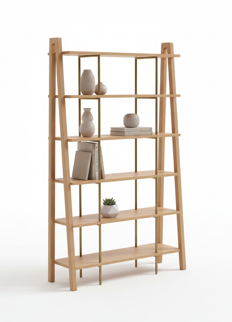 5-Tier Oak Ladder Bookshelf with Brass Accents