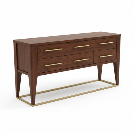 Modern walnut console table with gold handles