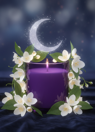 Jasmine Moonlight scented candle in dark purple jar with jasmine flowers