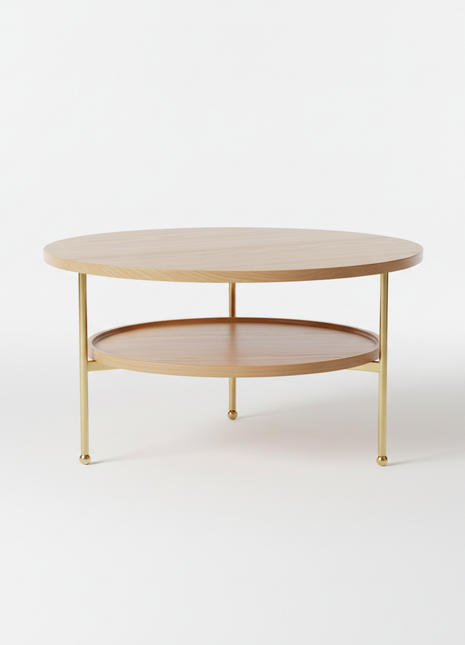 Round Oak Coffee Table with Brass Legs and Lower Shelf