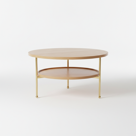 Round Oak Coffee Table with Brass Legs
