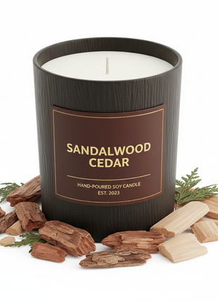 Sandalwood and Cedar Candle in wood-grain textured jar