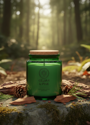 Cedar and Pine scented candle in green jar with pine cones and cedar bark
