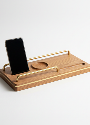 Oak & Brass Bedside Organizer Tray