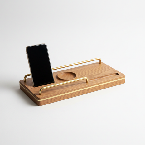 Oak & Brass Bedside Organizer Tray