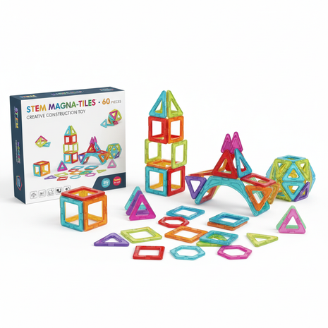 MagBuild 60-Piece Magnetic Tiles STEM Set in colorful transparent shapes