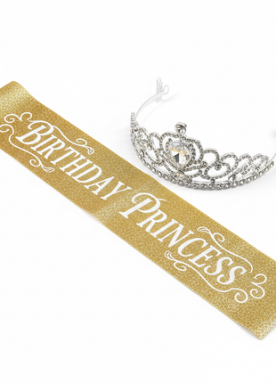 Gold glitter birthday sash and rhinestone crown set