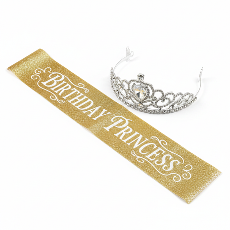 Gold glitter birthday sash and rhinestone crown set