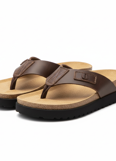 Men's Leather Cork Footbed Flip Flops – Dark Brown