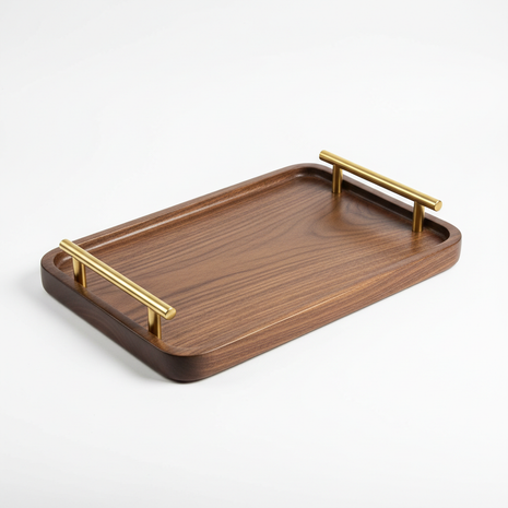 Solid walnut wood serving tray with brass handles