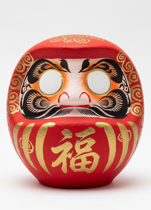Traditional Japanese daruma doll in red with gold detailing and blank eyes