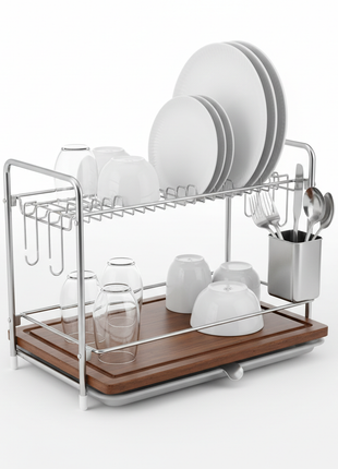 Stainless Steel Dish Drying Rack with Wooden Draining Board
