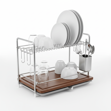Stainless Steel Dish Drying Rack with Wooden Draining Board