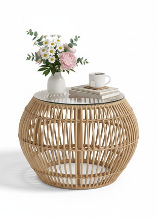Rattan Wicker Side Table with Glass Top