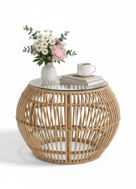 Rattan Wicker Side Table with Glass Top