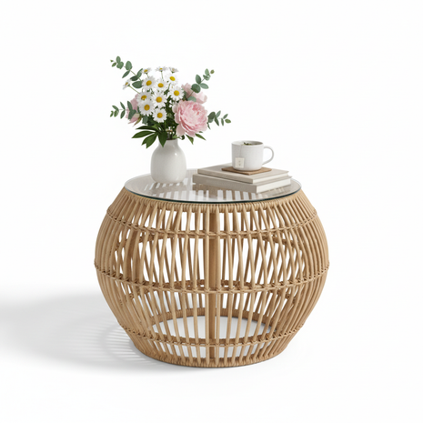 Rattan Wicker Side Table with Glass Top