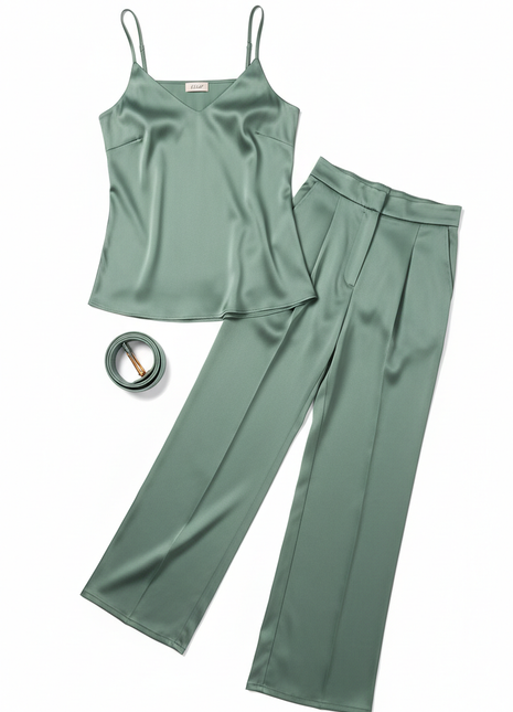 Sage Satin Camisole & Trouser Set