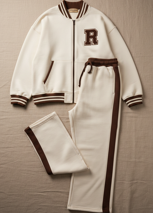 Cream Varsity Zip-Up & Wide-Leg Sweat Set