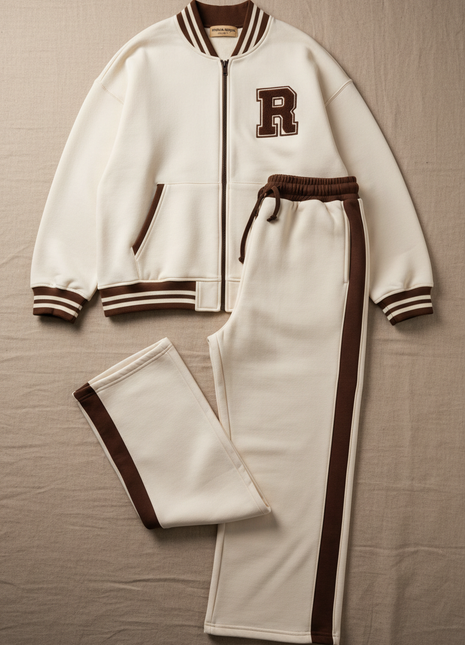 Cream Varsity Zip-Up & Wide-Leg Sweat Set