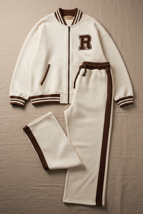 Cream Varsity Zip-Up & Wide-Leg Sweat Set