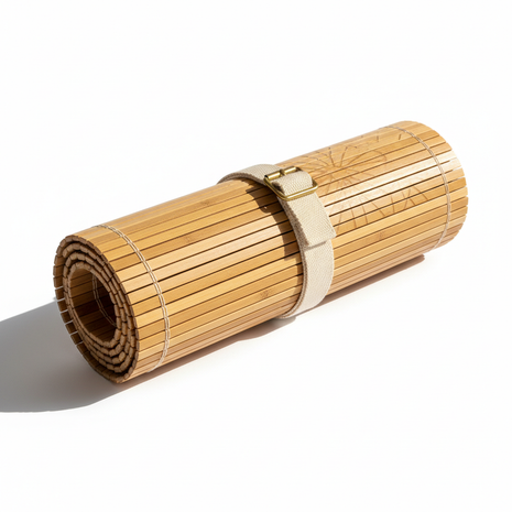 Premium bamboo beach mat rolled up with carrying strap