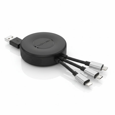 3-in-1 multi charging cable with USB-C, Lightning and Micro-USB tips in retractable black design on white background