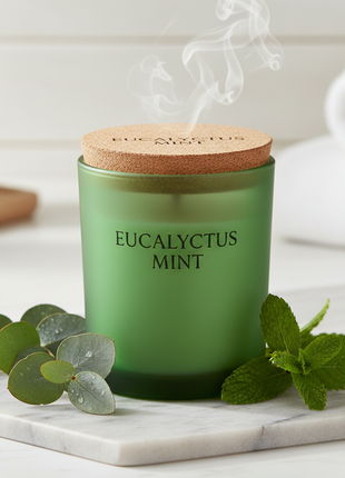 Eucalyptus Mint scented candle in frosted green jar with eucalyptus leaves