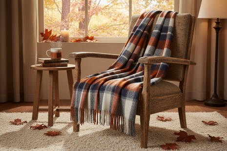 Plaid Wool Scarf in rust, navy and cream draped over wooden chair