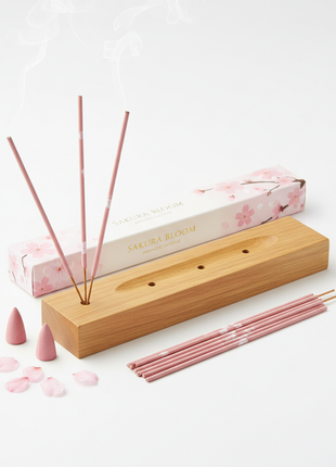 Japanese sakura cherry blossom incense set with wooden holder and pink floral incense sticks
